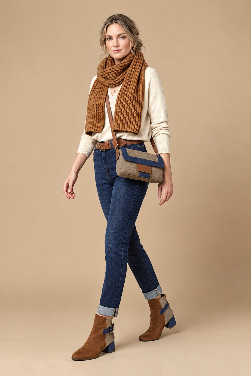 Dress ankle boots back buckles in caramel brown, tan beige and navy blue leather with medium block heels and square toe - Top view